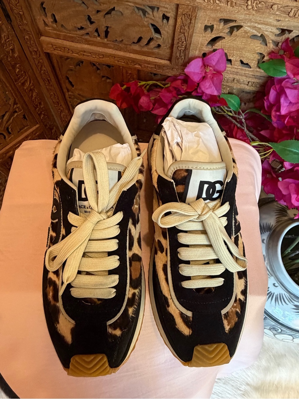 Dolce & Gabbana Leopard Suede-Trim Women's Sneaker - Black & Tan - Picture 5 of 11